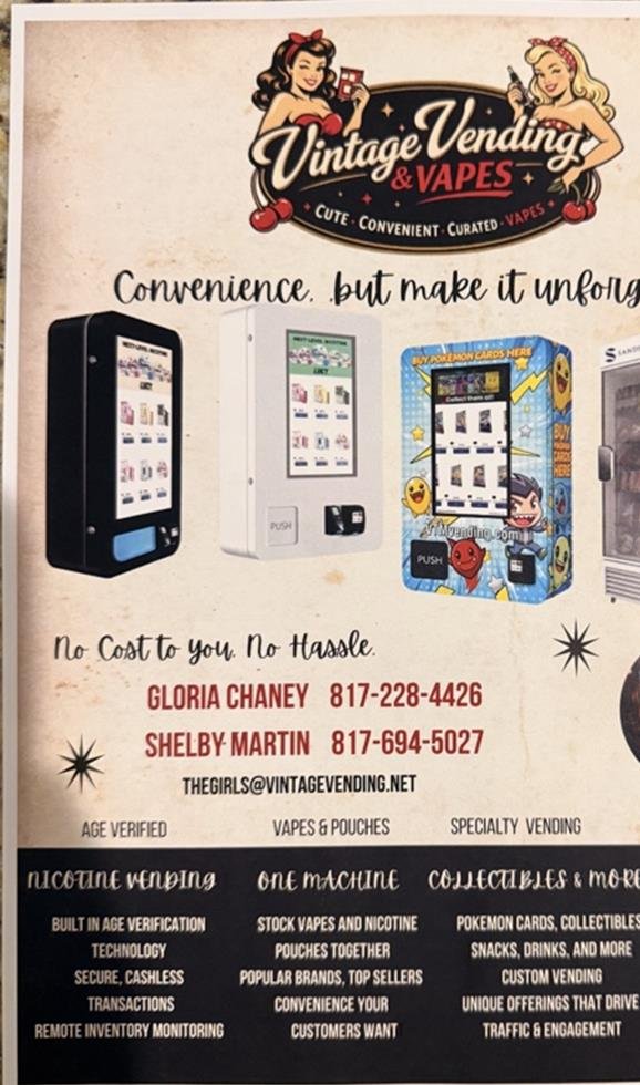 Vintage Vending & Vapes flyer showing machine examples